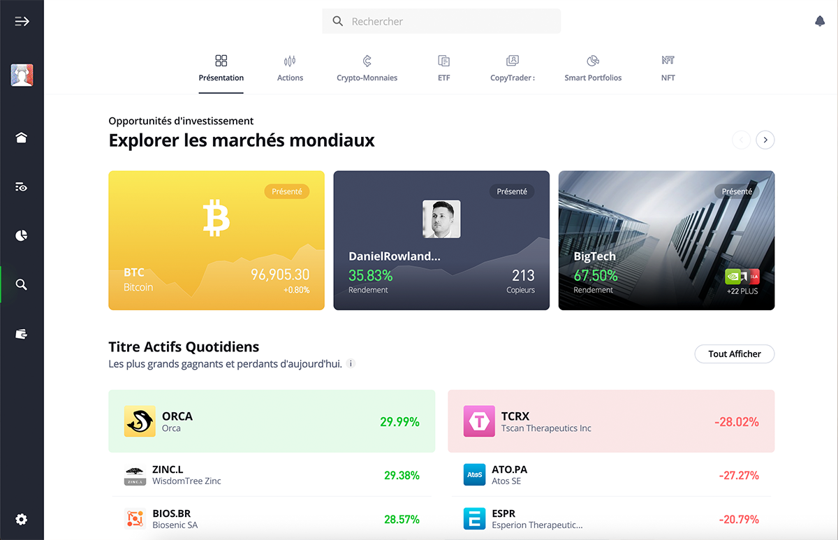 Visuel de l'application eToro avec les différents type de recherche comme le copy-trading, les ETF, la crypto...